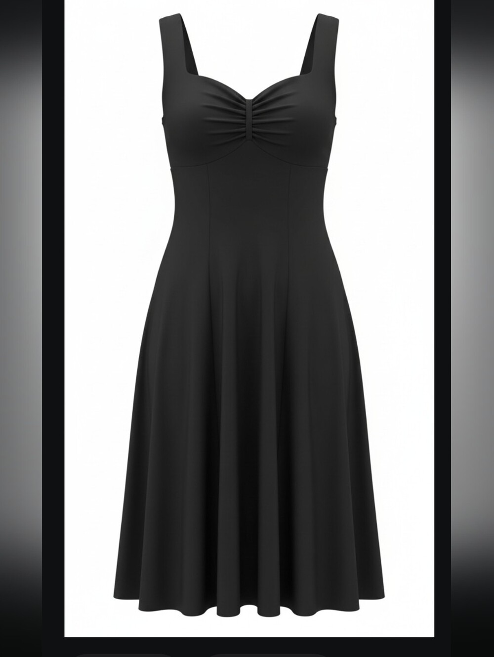 Classic Black Midi Dress with Ruched Bust and Wide Straps